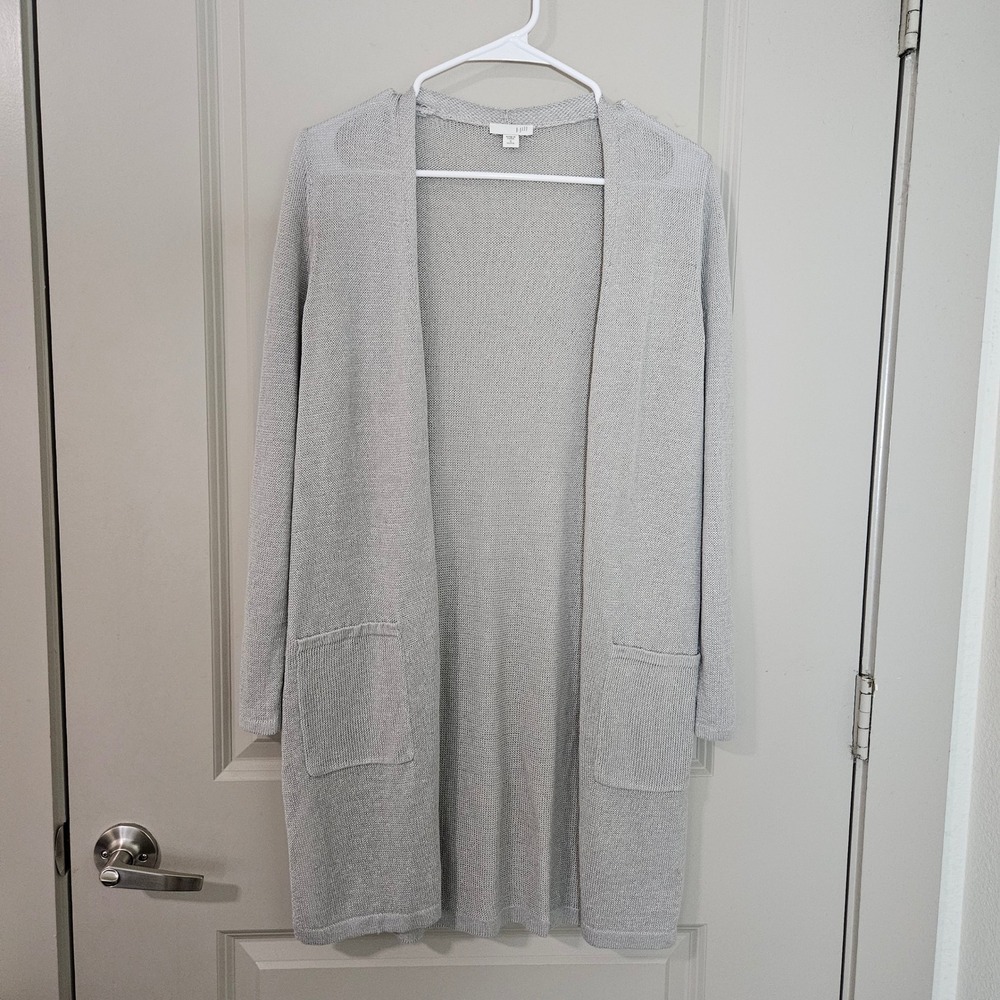 J. Jill Womens Gray Linen Blend Open Front Duster‎ Cardigan Sweater Petite Small